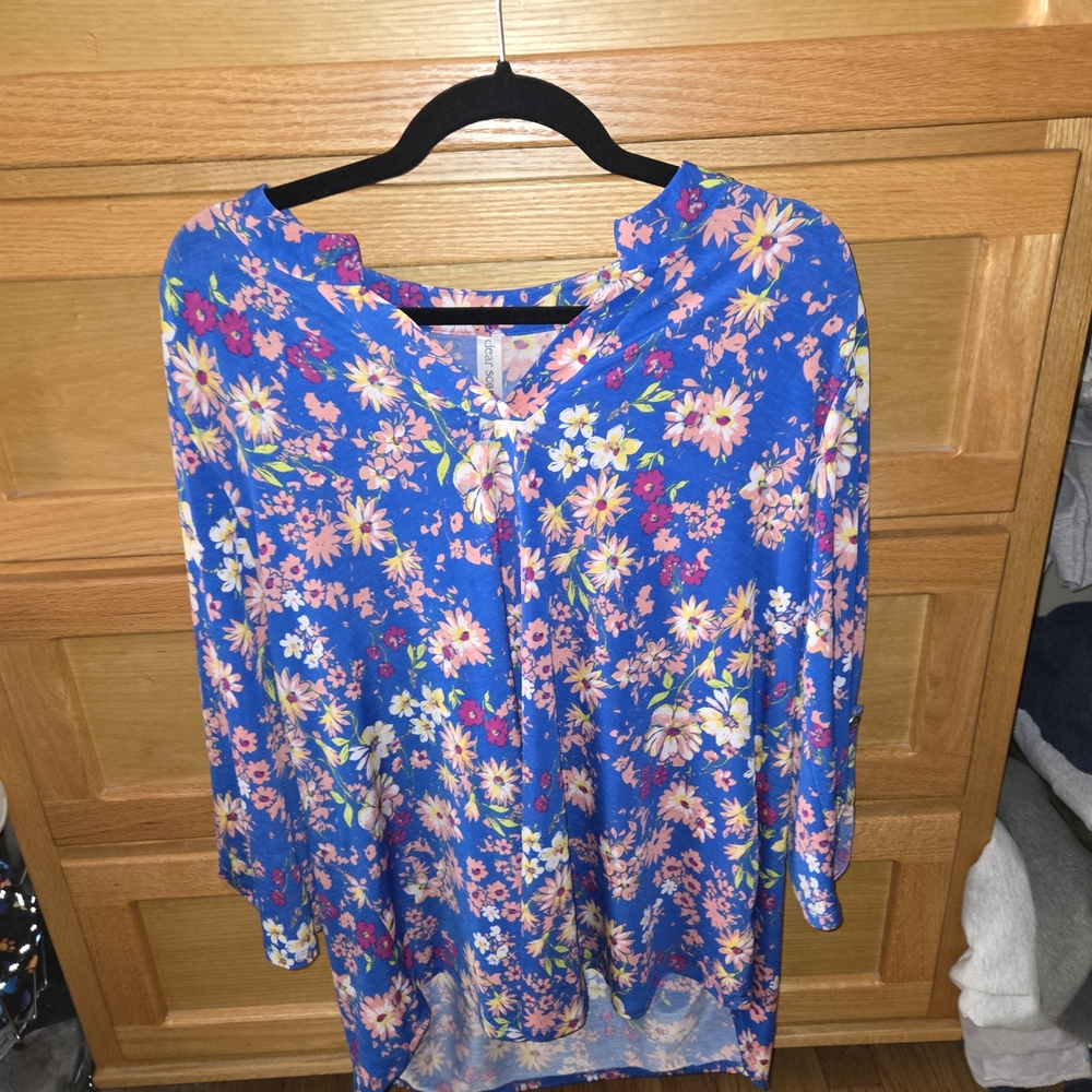 Bright Blue Floral Women's Blouse - Pink & White Flower Print